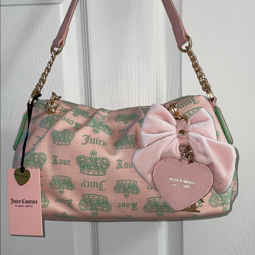 Viral Juicy Couture Pink hobo bag & pink velour bow,heart mirror,crown zip pull